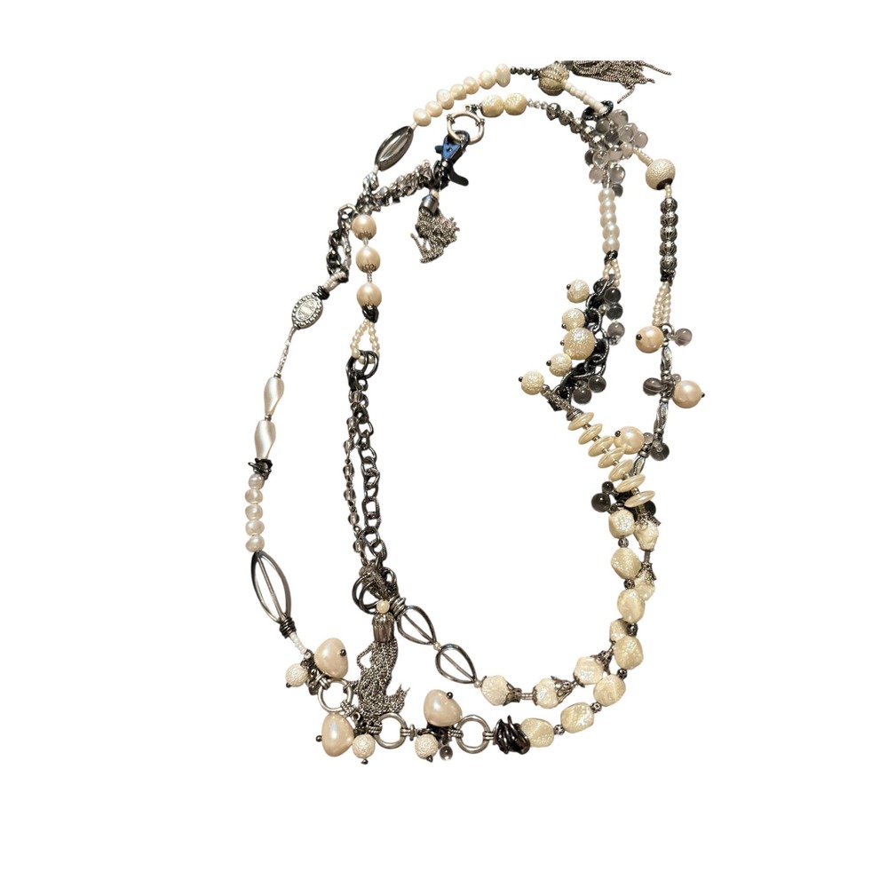 Treska Long Multi Strand Faux Pearl Beaded Tassel Necklace‎ Gunmetal Cream Boho